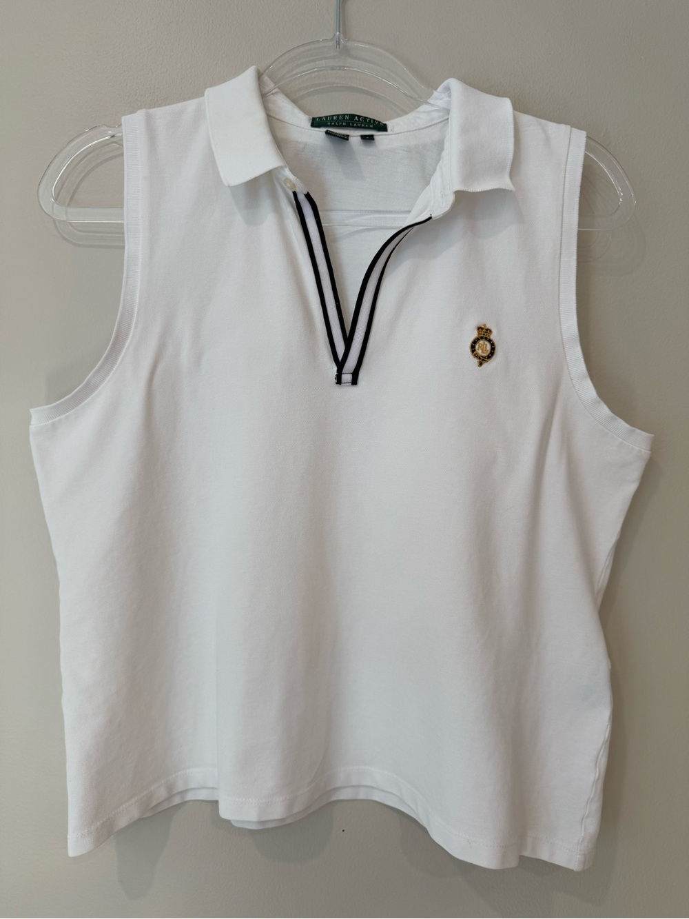 Lauren Active Ralph Lauren White Sleeveless Polo Shirt Gold Crest Top L